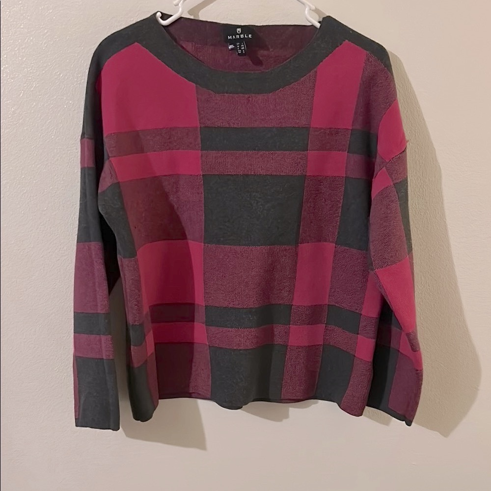 MARBLE Pink/ Gray Large Check Box Pattern Crew Neck Officecore Boxy Fit Sweater